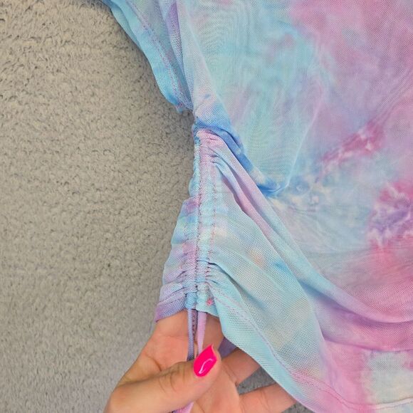 Riley James‎ Top Womens M Blue Pink Tie Dye Micromesh Ruched Rave Music Festive - Picture 7 of 11